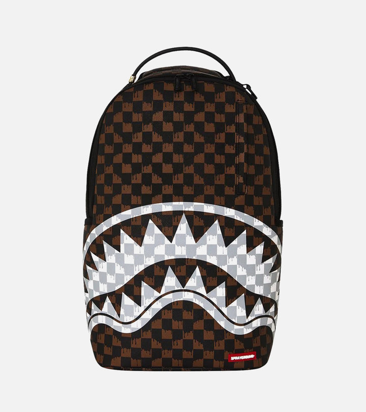BROWN AND CREAM DRIP CHECK SHARK BACKPACK