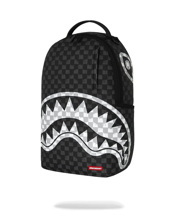 BLACK AND WHITE DRIP CHECK SHARK BACKPACK