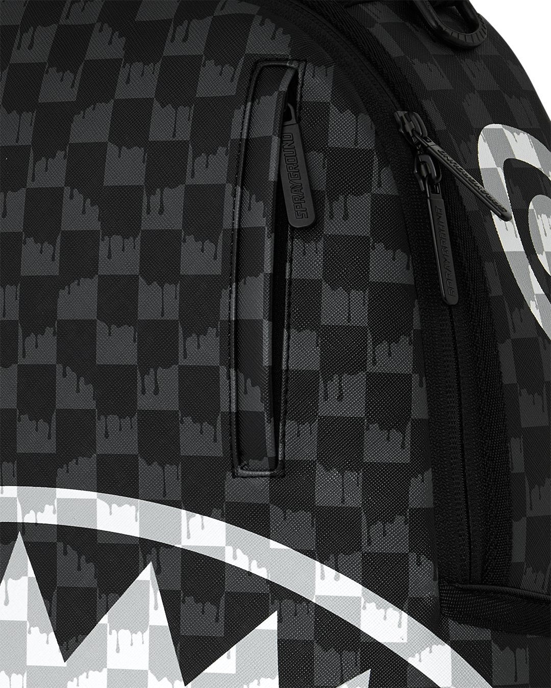 BLACK AND WHITE DRIP CHECK SHARK BACKPACK